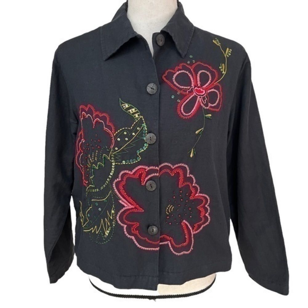 Parisian Works Black Linen Blend Embroidered Jacket Petite Size Mp.